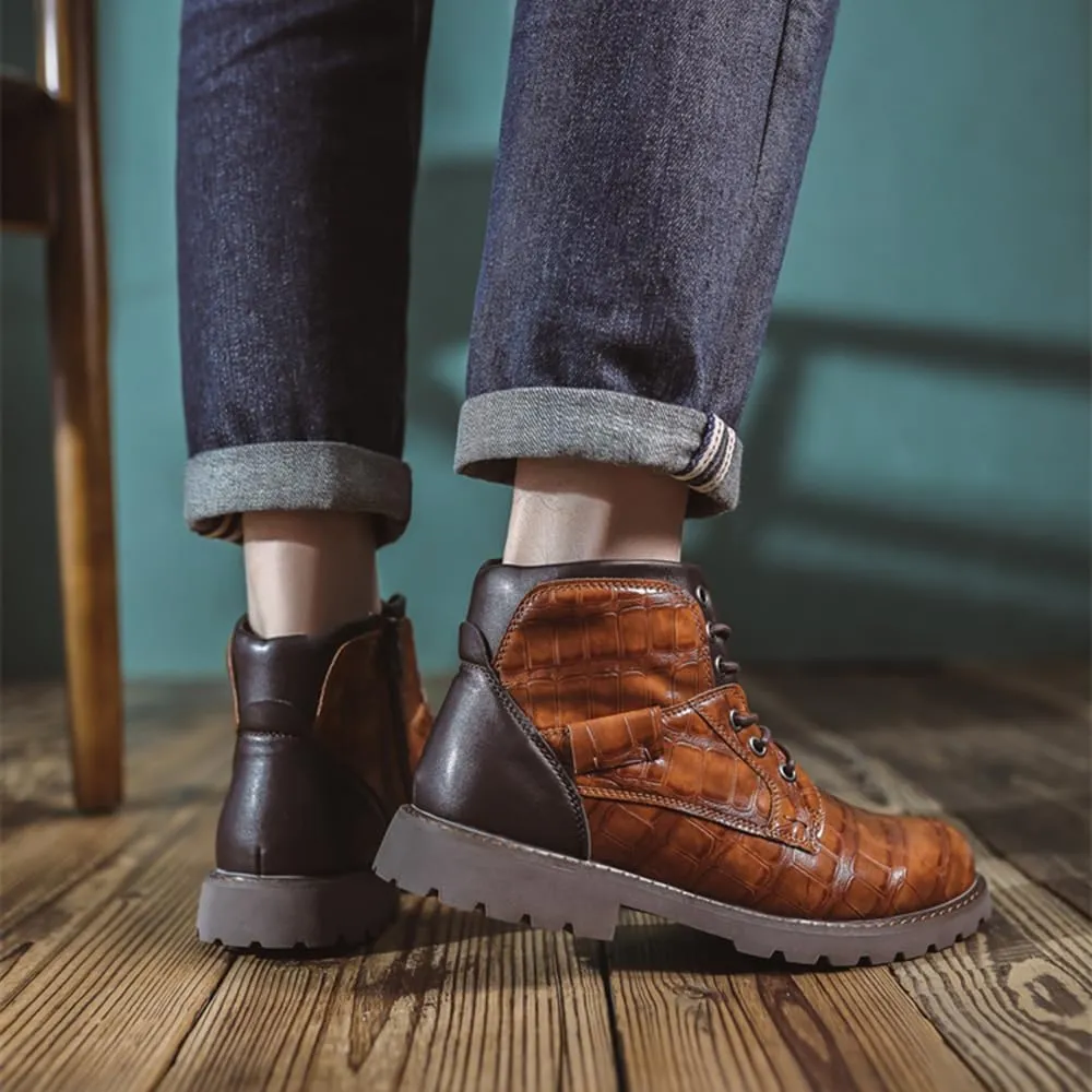 Mens Fashion Combat Boots Zipper Platform Lace Up Motorcycle Boots with Side PU Leather Dress Boot
