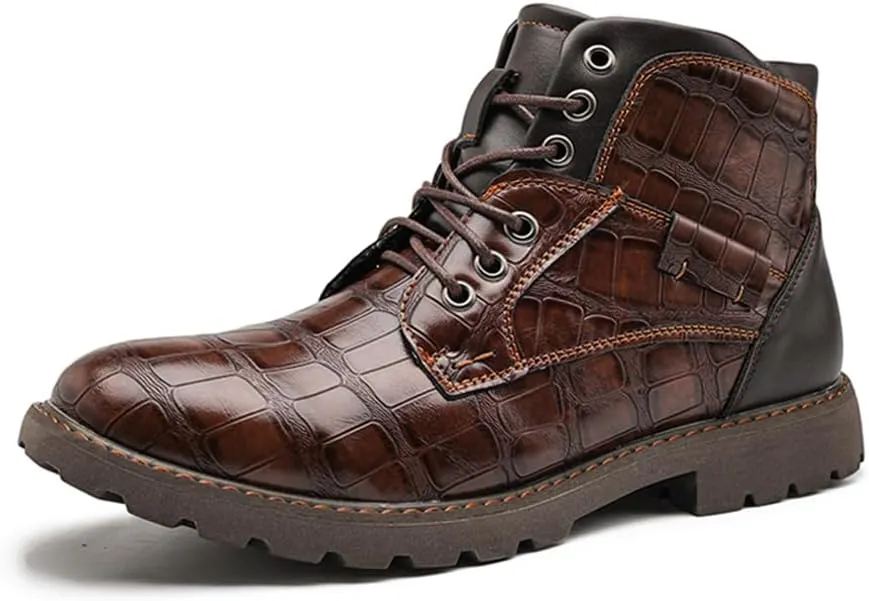 Mens Fashion Combat Boots Zipper Platform Lace Up Motorcycle Boots with Side PU Leather Dress Boot