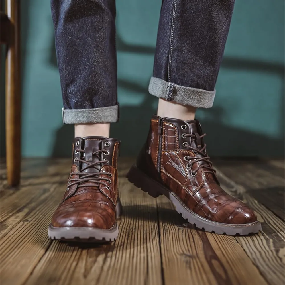 Mens Fashion Combat Boots Zipper Platform Lace Up Motorcycle Boots with Side PU Leather Dress Boot