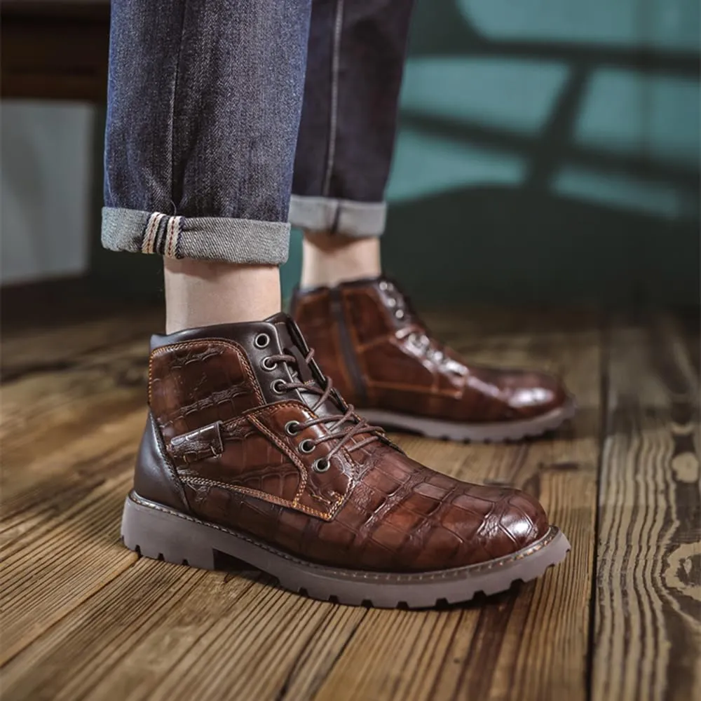 Mens Fashion Combat Boots Zipper Platform Lace Up Motorcycle Boots with Side PU Leather Dress Boot