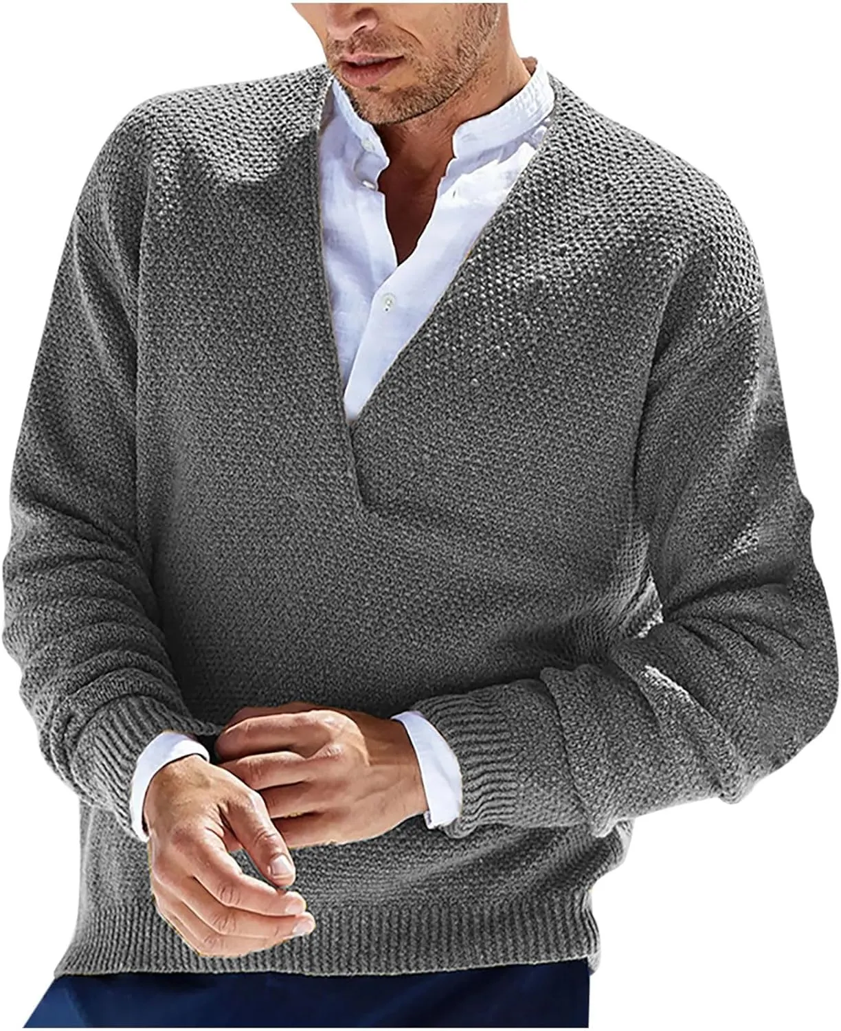 Men's Fashion V-Neck Warm Outdoor Long Sleeve Knitted Sweater Top Lightweight Pullover Knitted Fall Winter Sweaters