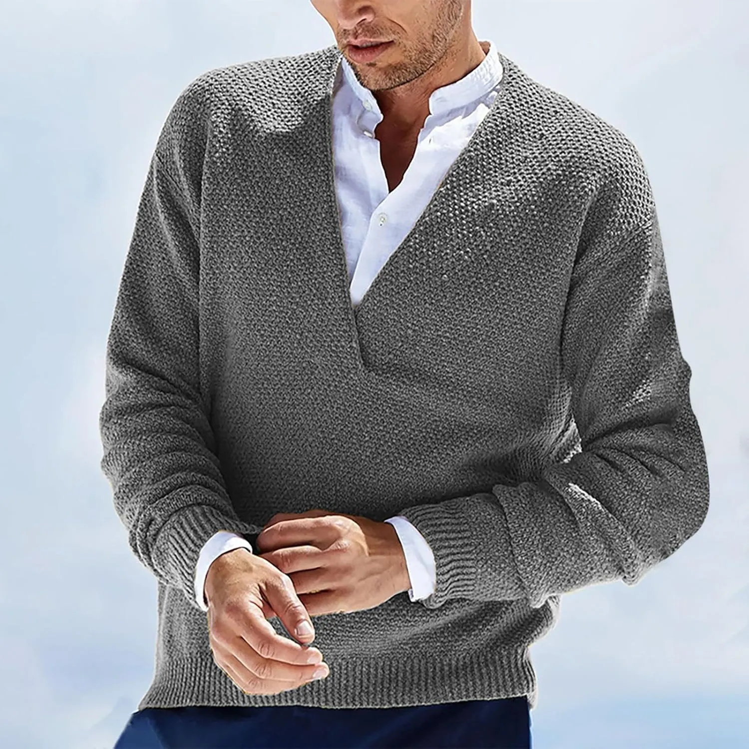 Men's Fashion V-Neck Warm Outdoor Long Sleeve Knitted Sweater Top Lightweight Pullover Knitted Fall Winter Sweaters