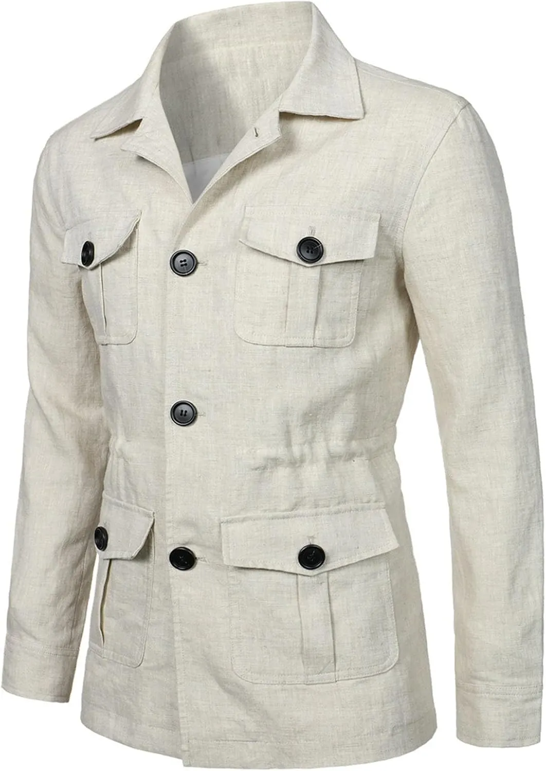 Mens Field Jacket Casual Cotton Linen Lightweight Safari Shirts with Pockets Utility Military Button Down Work Coats