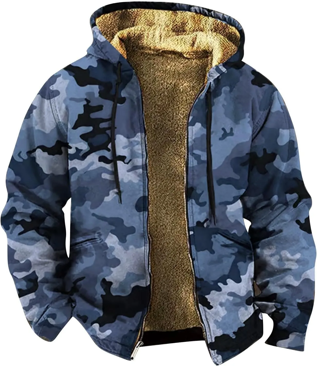 Mens Fleece Jacket Camo Winter Coat Zip Up Hooded Jacket Heavyweight Sherpa Lined Hoodie Outdoor Warm Soft Coat Pocket