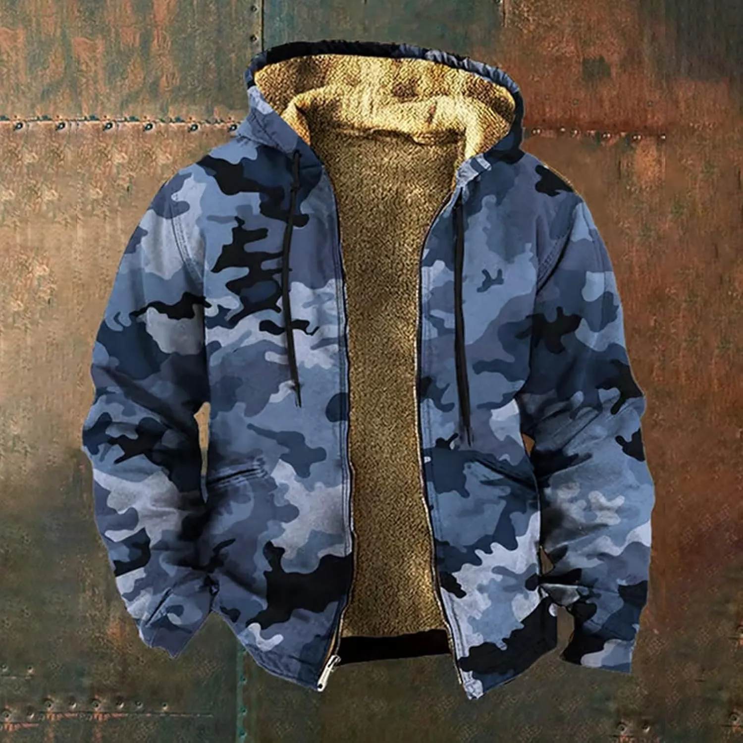 Mens Fleece Jacket Camo Winter Coat Zip Up Hooded Jacket Heavyweight Sherpa Lined Hoodie Outdoor Warm Soft Coat Pocket