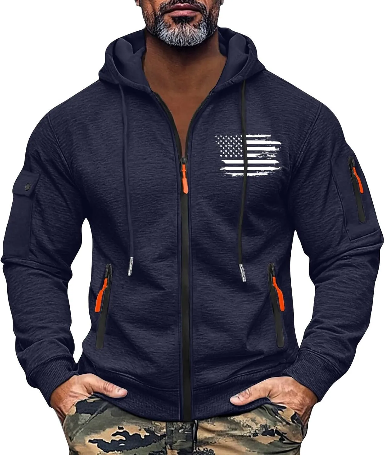 Men's Full Zip American Flag Print Hoodies Casual Long Sleeve Drawstring Shirt Winter Patriotic Sweatshirt with Pockets