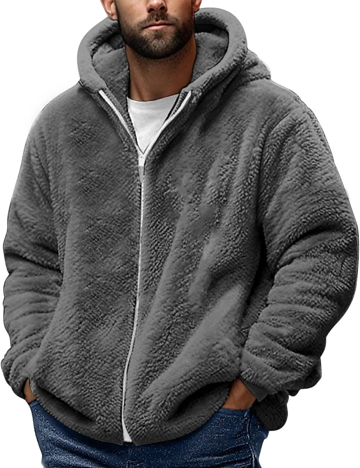 Men's Fuzzy Fleece Hoodie Jacket Zip Up Hooded Sweatshirts Sherpa Warm Winter Coats Tops with Pockets