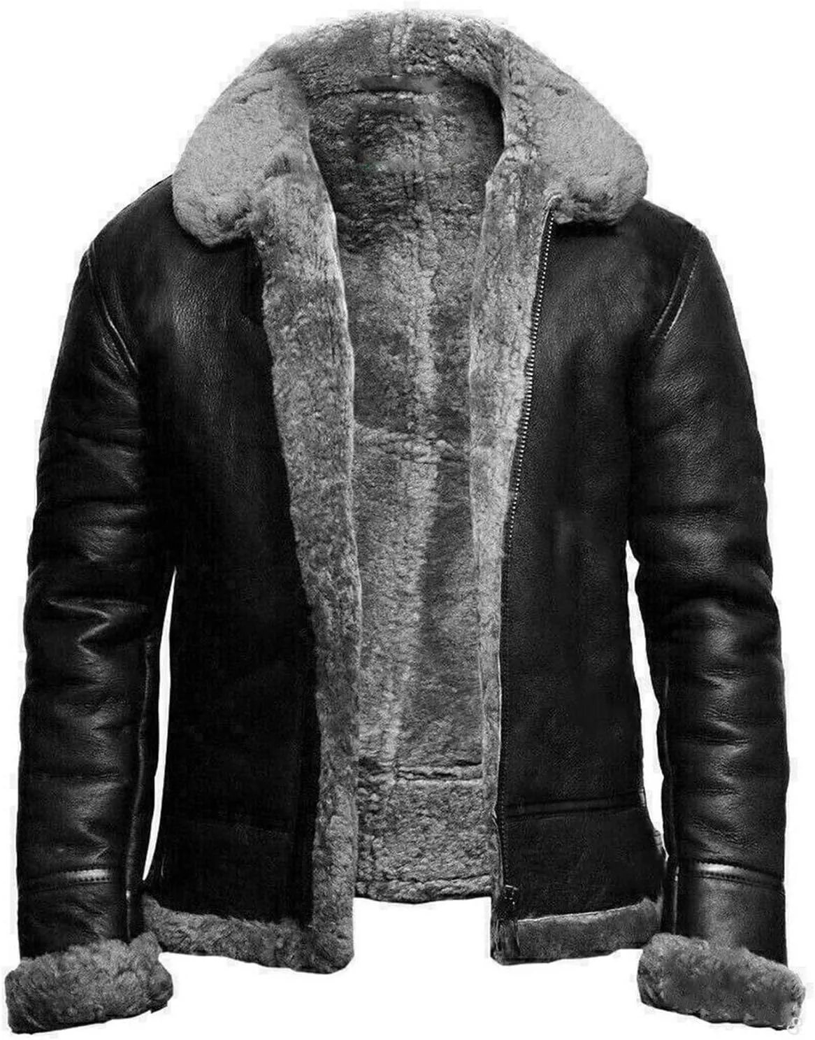 Men's Fuzzy Sherpa Faux Leather Coats Fleece Lined Faux Fur Collar Motorcycle Jacket Warm Thicken Bomber Overcoat