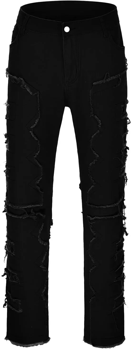 Mens Jeans Relaxed Fit Stretch Men's Slim Fit Stretch Jeans Distressed Patchwork Stacked Frayed Straight Leg Skinny
