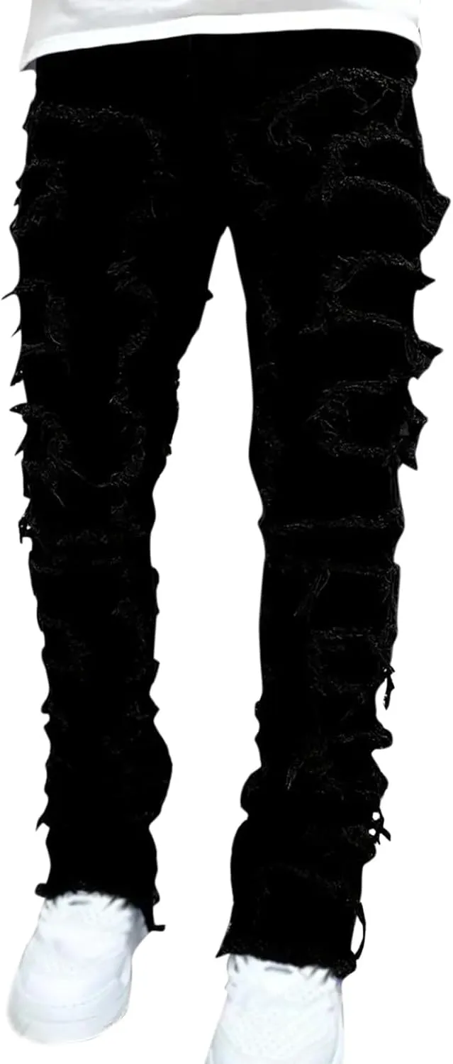 Mens Jeans Relaxed Fit Stretch Men's Slim Fit Stretch Jeans Distressed Patchwork Stacked Frayed Straight Leg Skinny