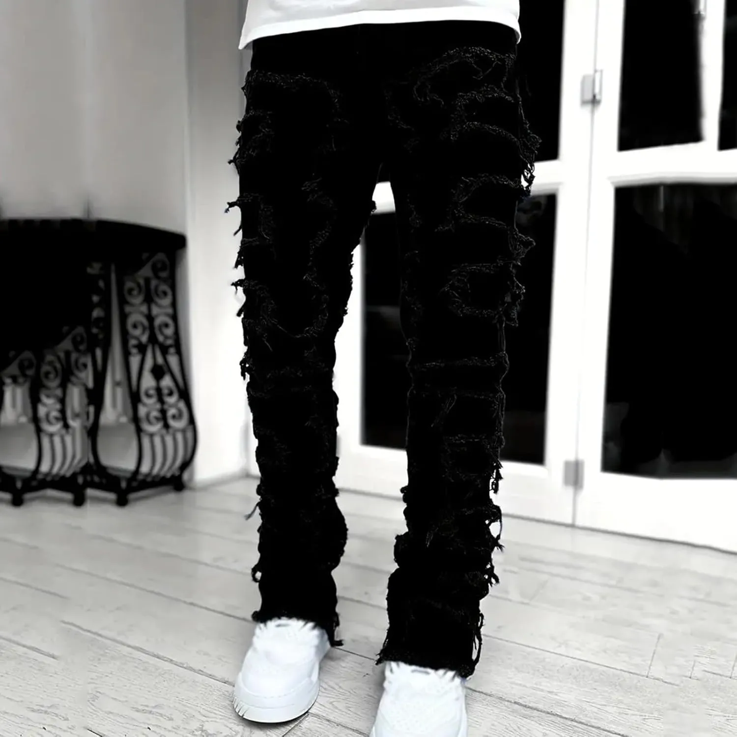 Mens Jeans Relaxed Fit Stretch Men's Slim Fit Stretch Jeans Distressed Patchwork Stacked Frayed Straight Leg Skinny