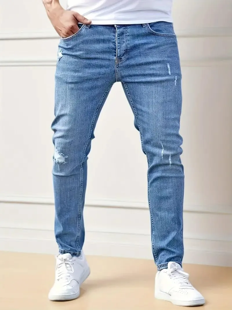 Mens Jeans Stretch Destroyed Ripped Skinny Jeans Slim Fit Denim Pants Comfort Fashion Tapered Pants Boyfriend Gift
