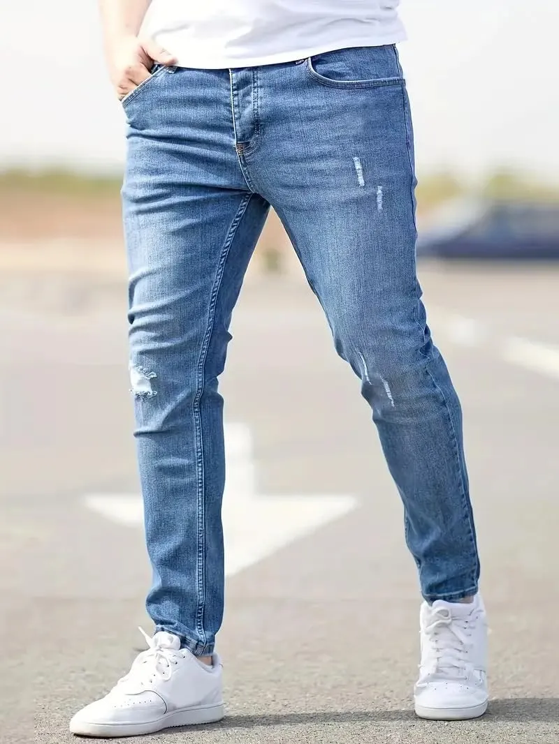 Mens Jeans Stretch Destroyed Ripped Skinny Jeans Slim Fit Denim Pants Comfort Fashion Tapered Pants Boyfriend Gift