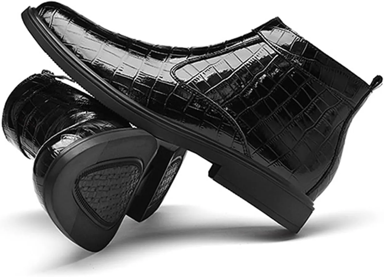 Men'S Leather Alligator Printed Low Heel Ankle Boots Fashion Round Toe Side Zipper Softsole Oxford Dress Boots For Driving Office Work