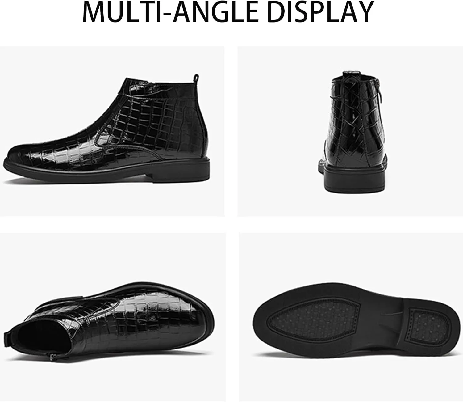 Men'S Leather Alligator Printed Low Heel Ankle Boots Fashion Round Toe Side Zipper Softsole Oxford Dress Boots For Driving Office Work