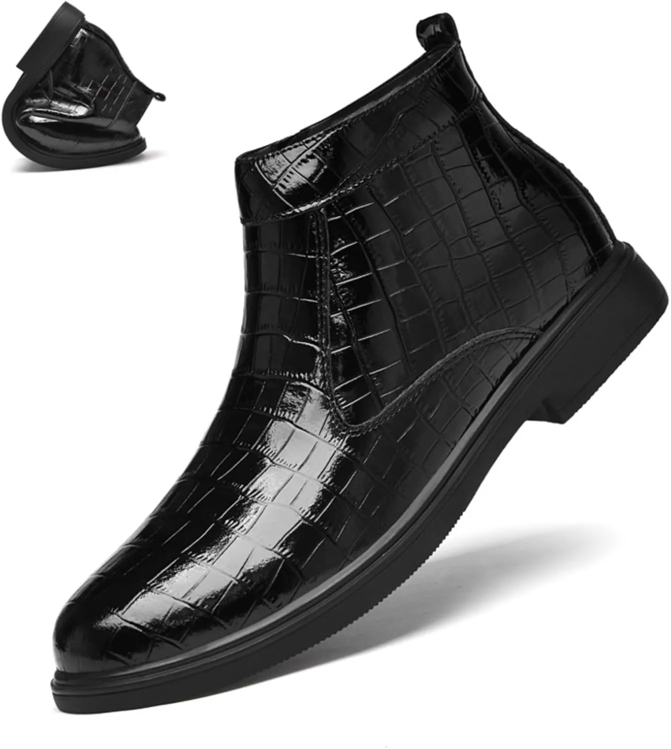 Men'S Leather Alligator Printed Low Heel Ankle Boots Fashion Round Toe Side Zipper Softsole Oxford Dress Boots For Driving Office Work