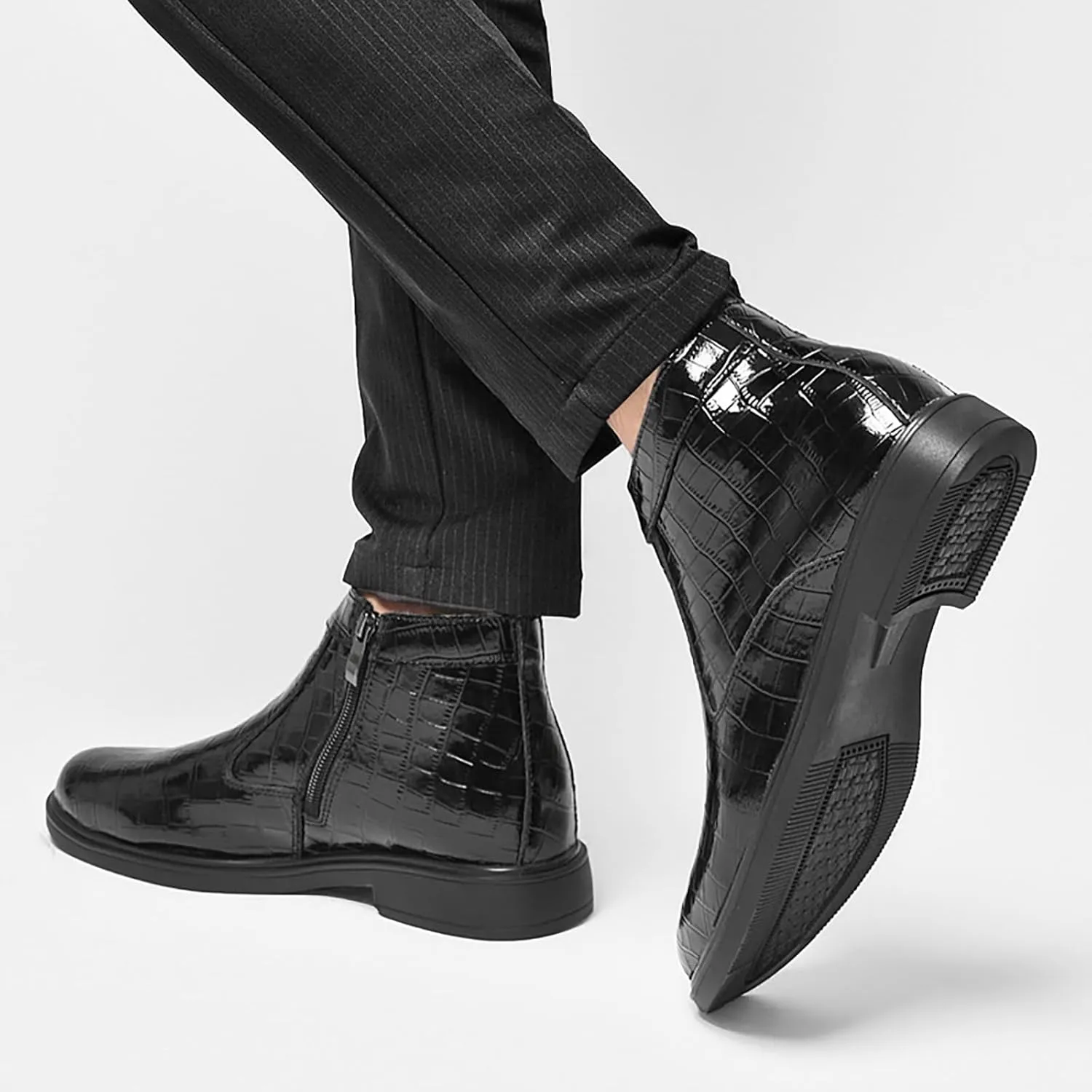 Men'S Leather Alligator Printed Low Heel Ankle Boots Fashion Round Toe Side Zipper Softsole Oxford Dress Boots For Driving Office Work