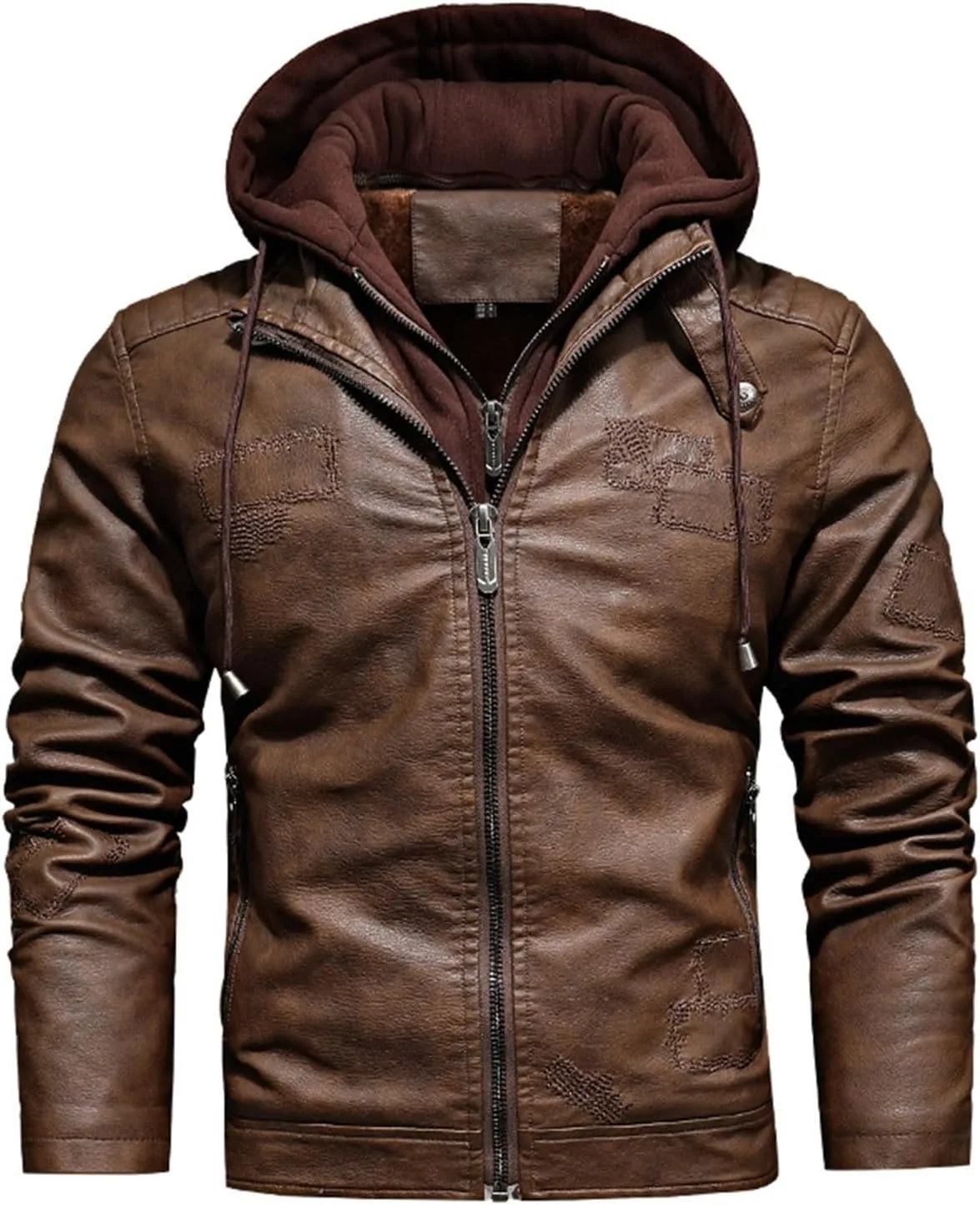 Mens Leather Jacket with Hood Fleece Faux Leather Jacket Waterproof Motorcycle Jacket Zip up Windbreaker Winter Coat