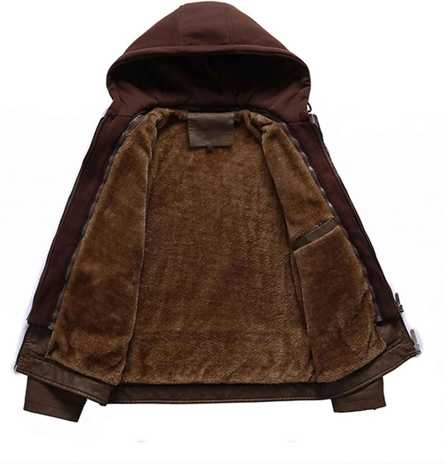 Mens Leather Jacket with Hood Fleece Faux Leather Jacket Waterproof Motorcycle Jacket Zip up Windbreaker Winter Coat