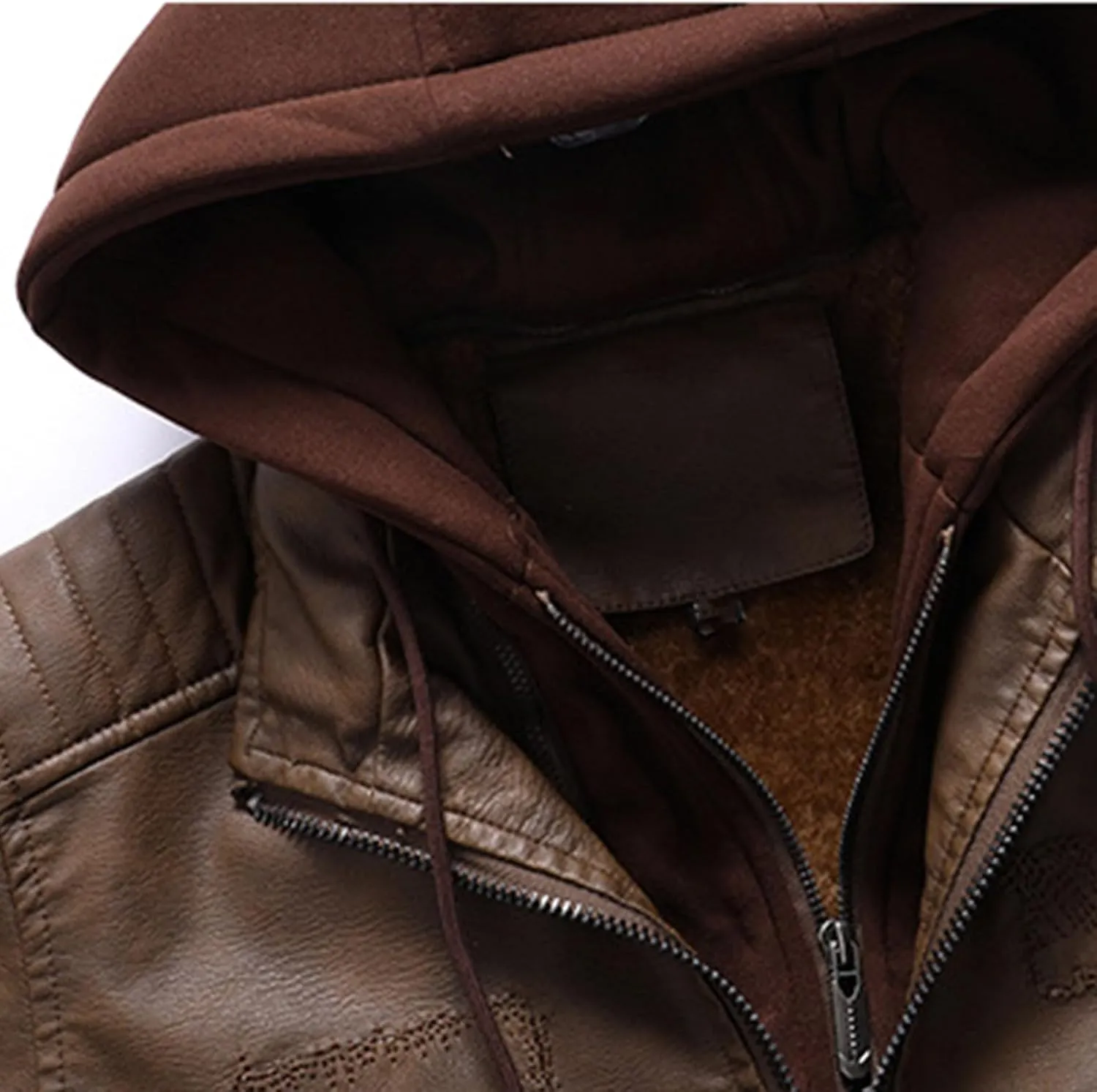 Mens Leather Jacket with Hood Fleece Faux Leather Jacket Waterproof Motorcycle Jacket Zip up Windbreaker Winter Coat