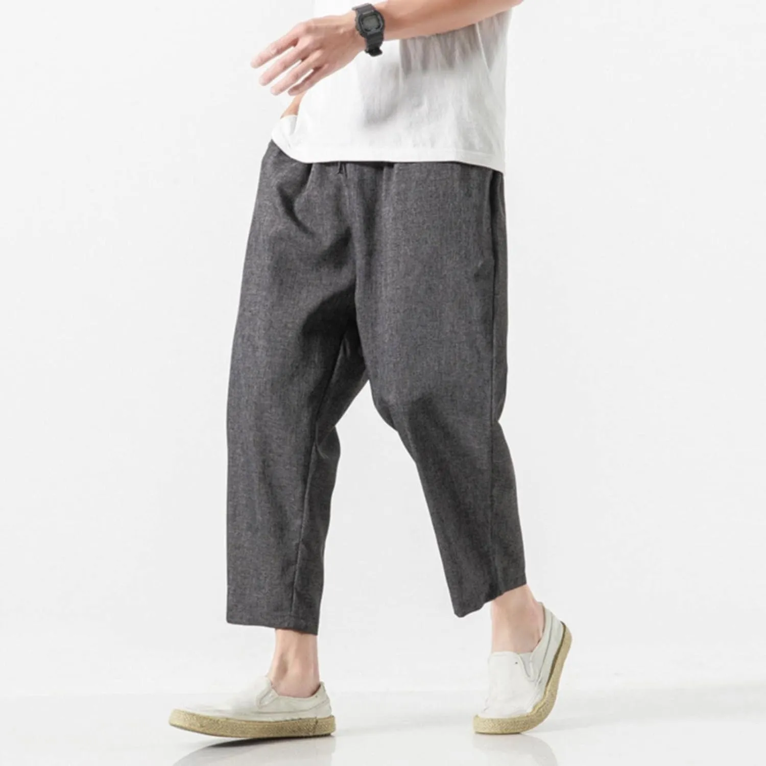 Mens Linen Harem Pants Lightweight Drawstring Elastic Waist Baggy Joggers Casual Cargo Sweatpants Pant Light Linen Trousers
