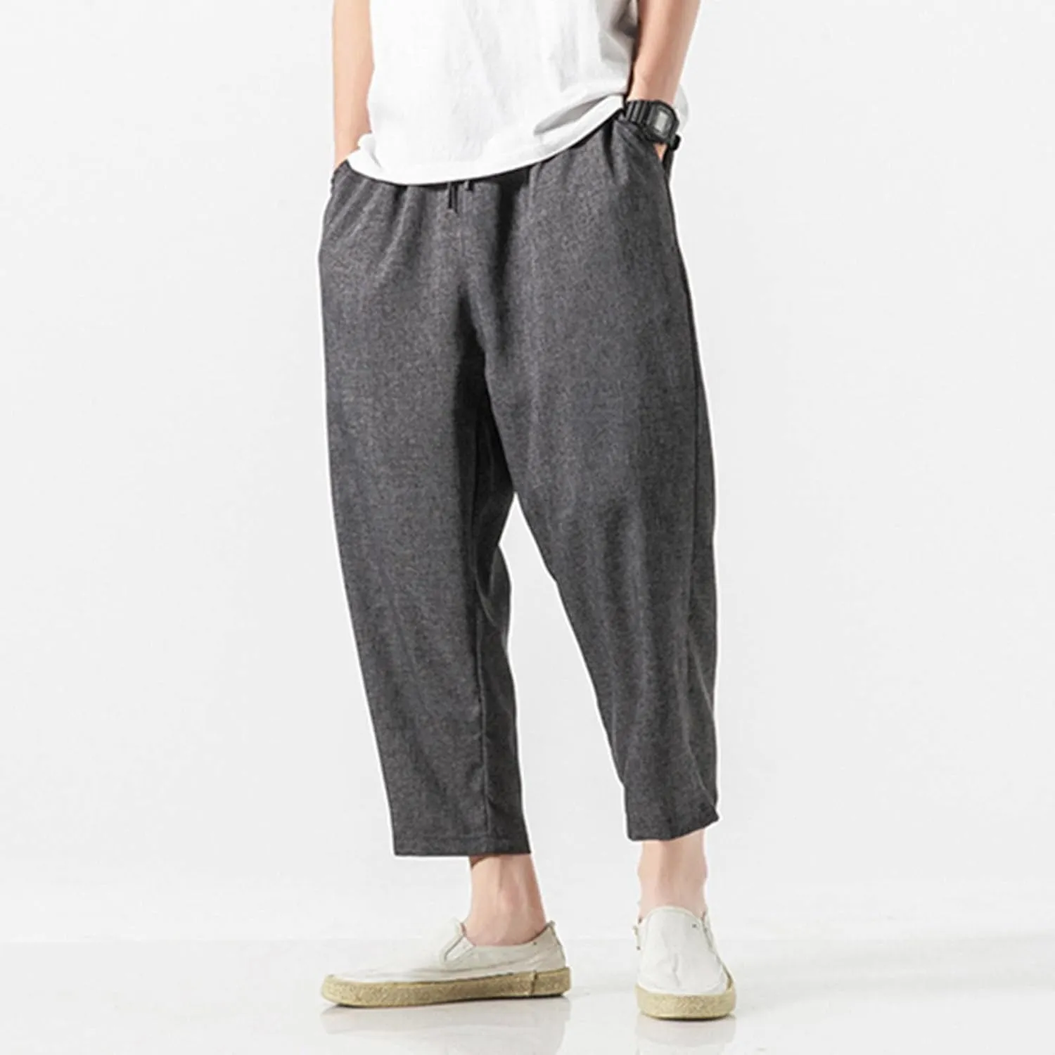 Mens Linen Harem Pants Lightweight Drawstring Elastic Waist Baggy Joggers Casual Cargo Sweatpants Pant Light Linen Trousers