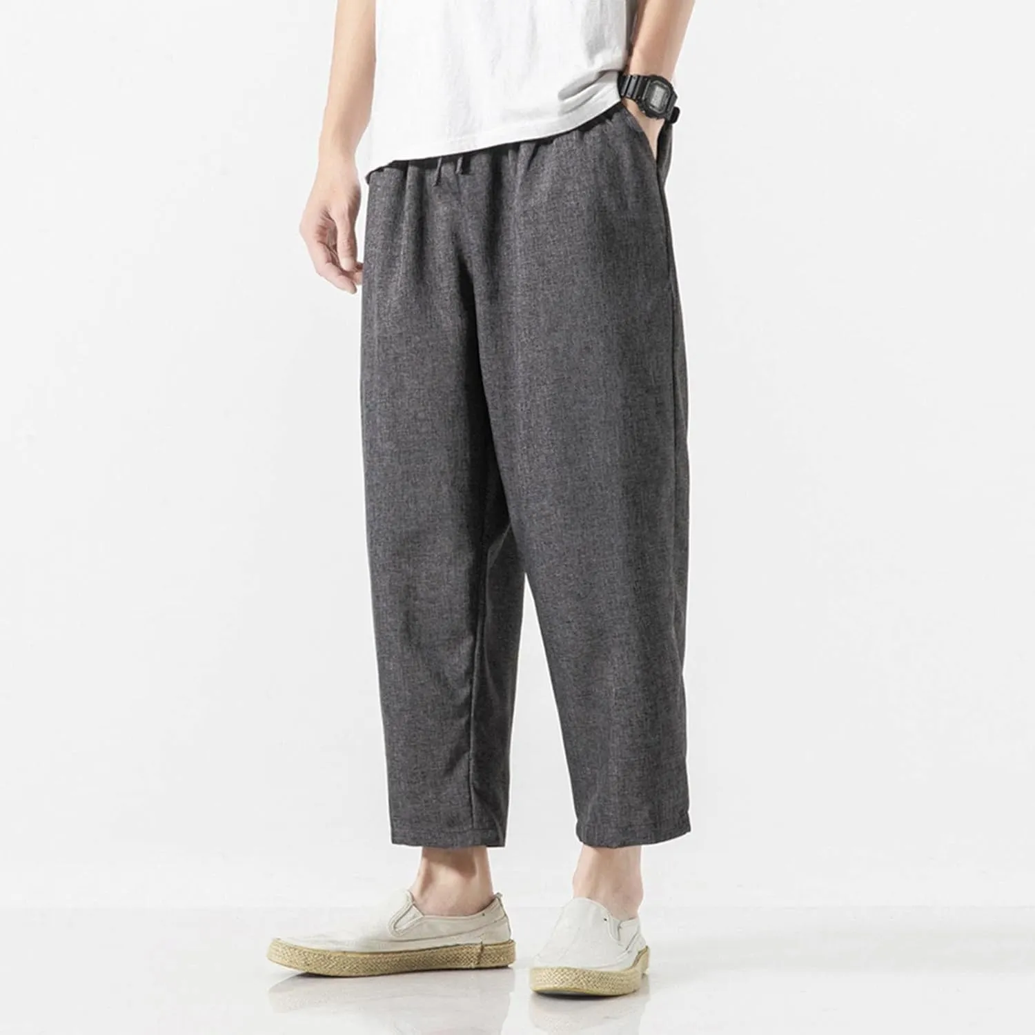 Mens Linen Harem Pants Lightweight Drawstring Elastic Waist Baggy Joggers Casual Cargo Sweatpants Pant Light Linen Trousers