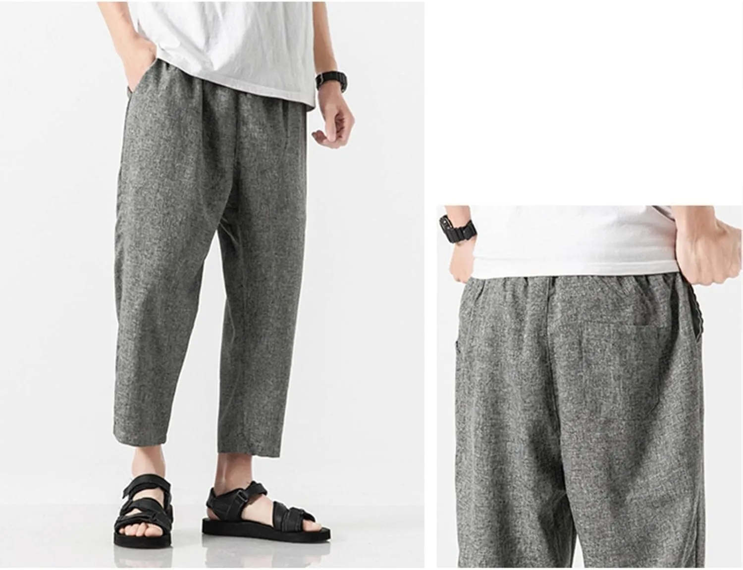 Mens Linen Harem Pants Lightweight Drawstring Elastic Waist Baggy Joggers Casual Cargo Sweatpants Pant Light Linen Trousers