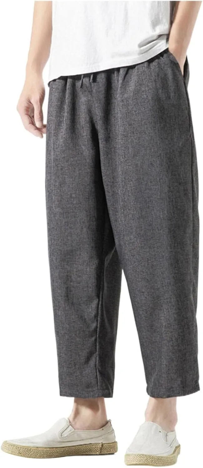 Mens Linen Harem Pants Lightweight Drawstring Elastic Waist Baggy Joggers Casual Cargo Sweatpants Pant Light Linen Trousers
