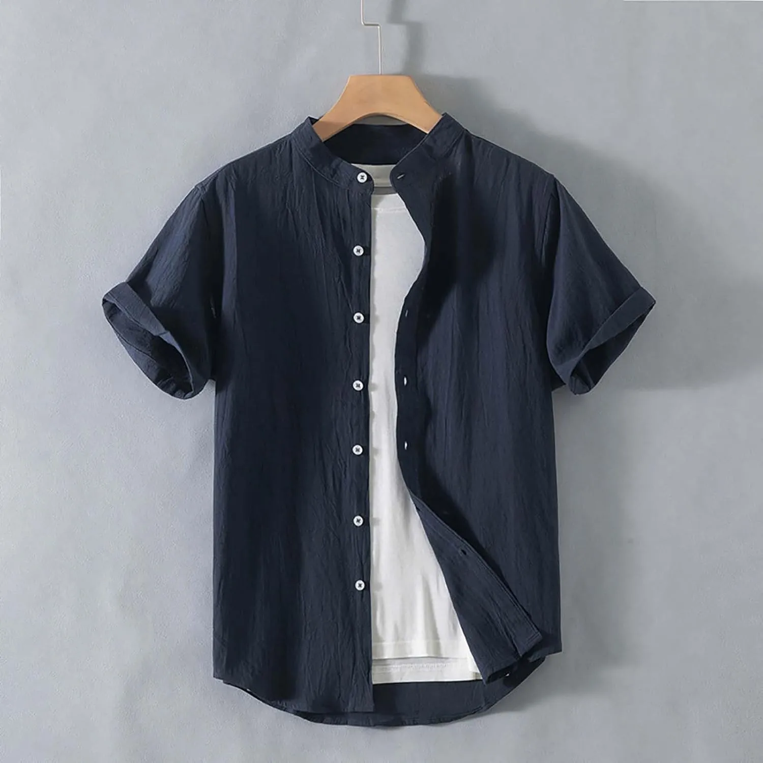 Mens Linen Shirts Summer Casual Button Down Lapel Collar Work Office Shacket Jackets Short Sleeve Flowy Boho Beach Tees