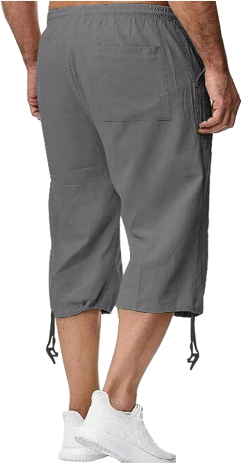 Men's Long Linen Shorts below Knee Pocketed 3/4 Summer Drawstring Capri Pant Casual Summer Beach Shorts
