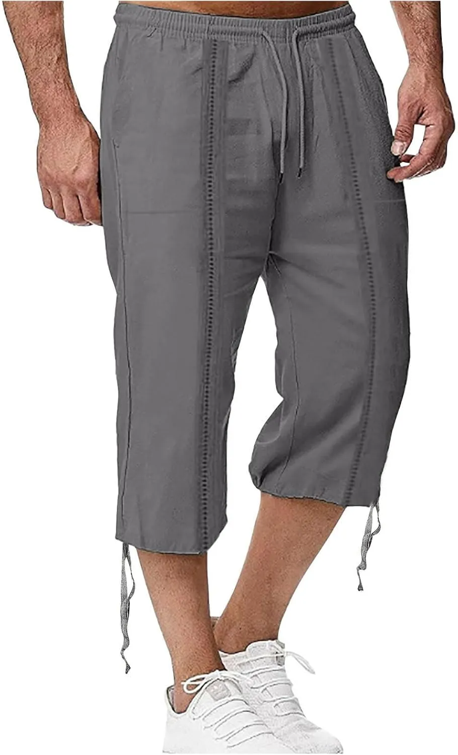 Men's Long Linen Shorts below Knee Pocketed 3/4 Summer Drawstring Capri Pant Casual Summer Beach Shorts