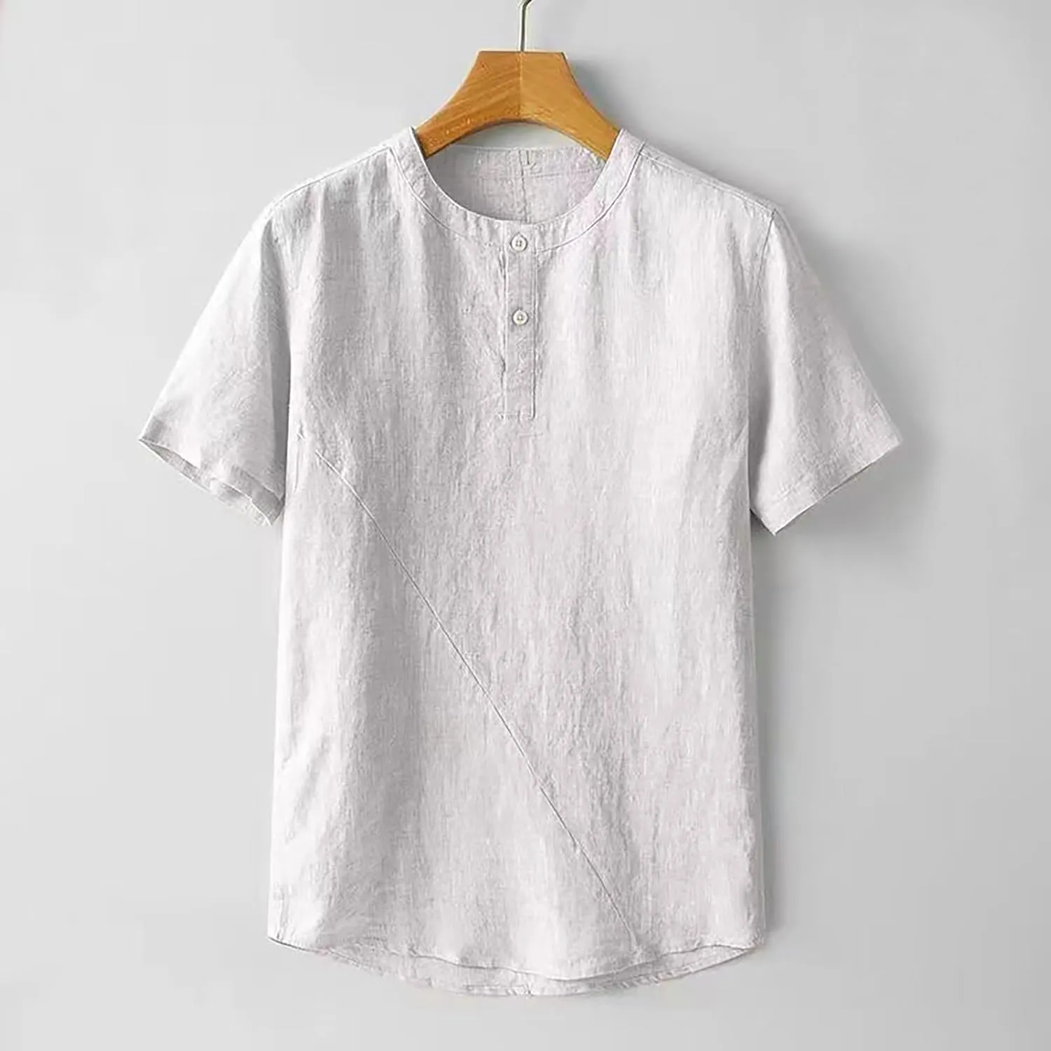 Mens Loose Cotton Linen T-Shirts Casual Solid Button Round Neck Henley Tops Summer Lightweight Short Sleeve Tees