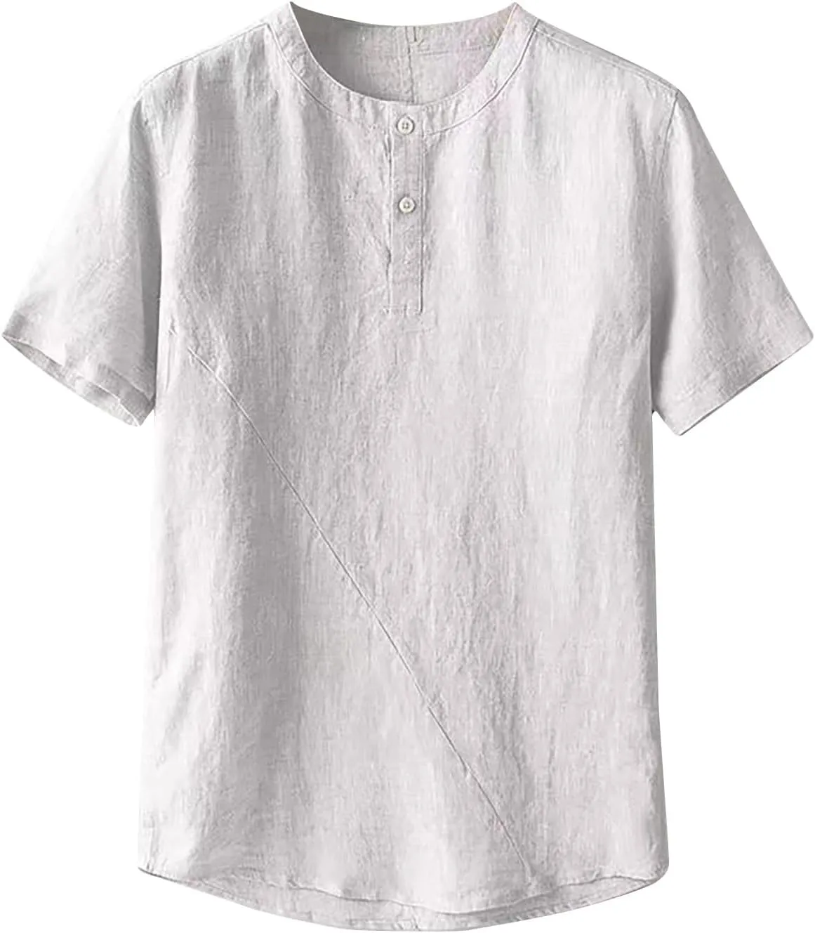 Mens Loose Cotton Linen T-Shirts Casual Solid Button Round Neck Henley Tops Summer Lightweight Short Sleeve Tees