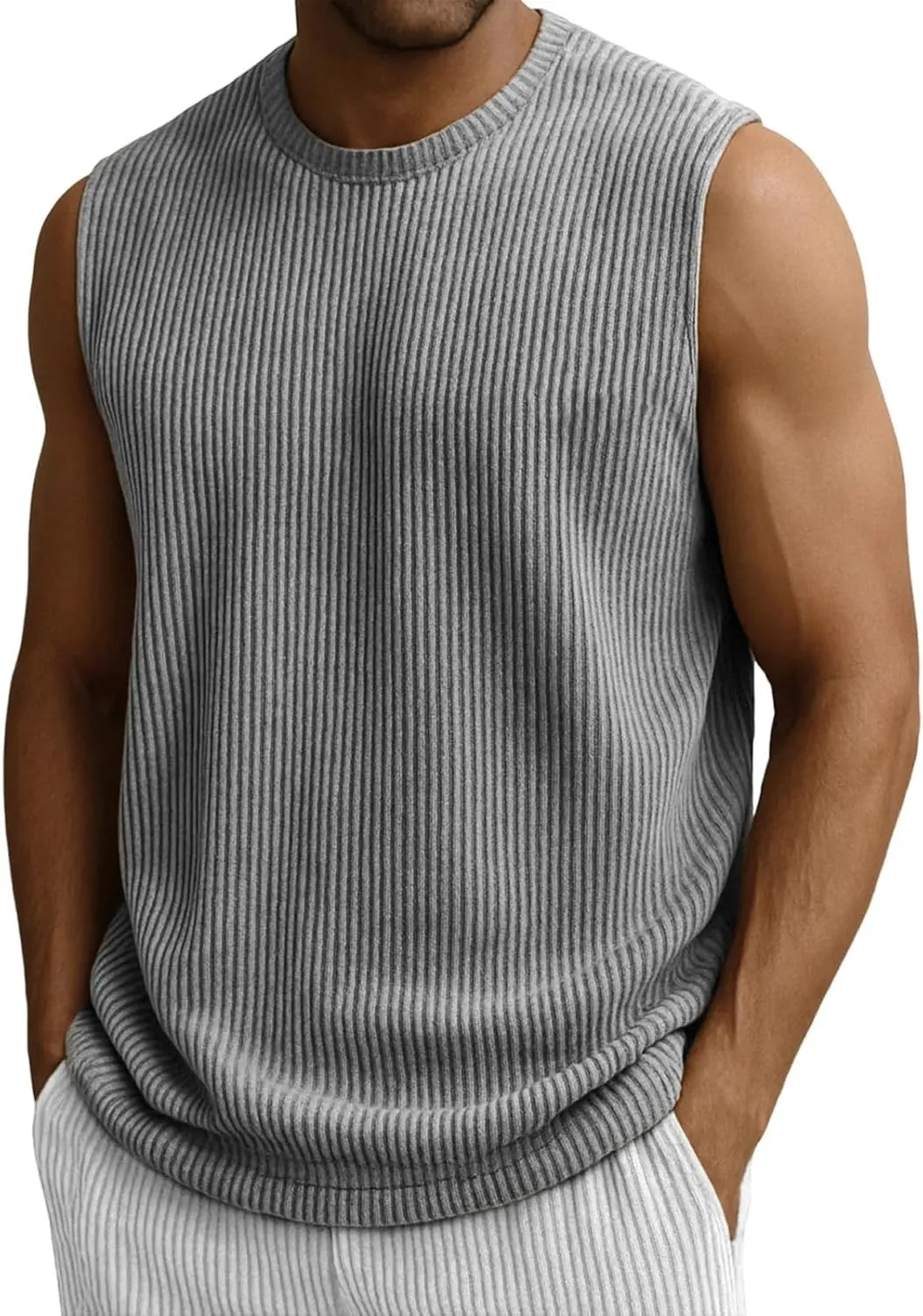 Mens Ribbed Knit Tank Tops Crew Neck Sleeveless Muscle Shirts Gym Workout Basic Tees Moisture Wicking Athletic Tops