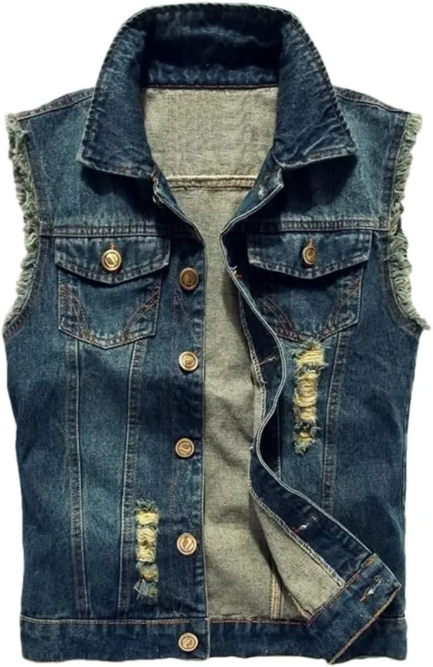 Men's Ripped Jean Jacket Hip Hop Biker Waistcoat Coats Cowboy Sleeveless Jacket Motorcycle Tanks Tops
