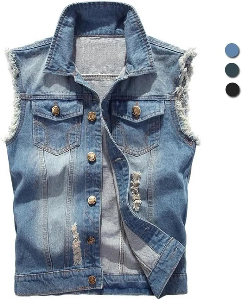 Men's Ripped Jean Jacket Hip Hop Biker Waistcoat Coats Cowboy Sleeveless Jacket Motorcycle Tanks Tops