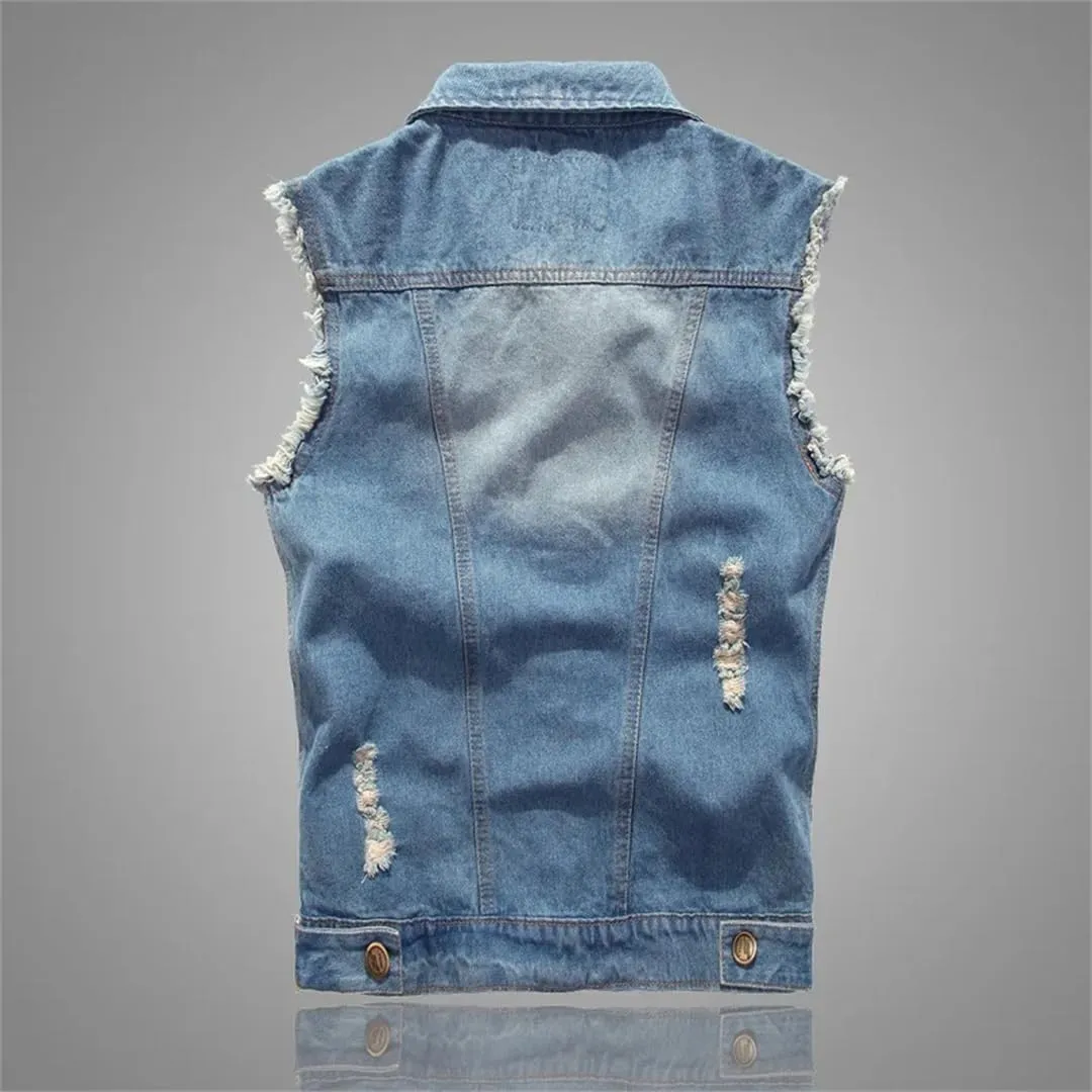 Men's Ripped Jean Jacket Hip Hop Biker Waistcoat Coats Cowboy Sleeveless Jacket Motorcycle Tanks Tops
