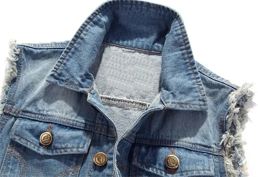 Men's Ripped Jean Jacket Hip Hop Biker Waistcoat Coats Cowboy Sleeveless Jacket Motorcycle Tanks Tops