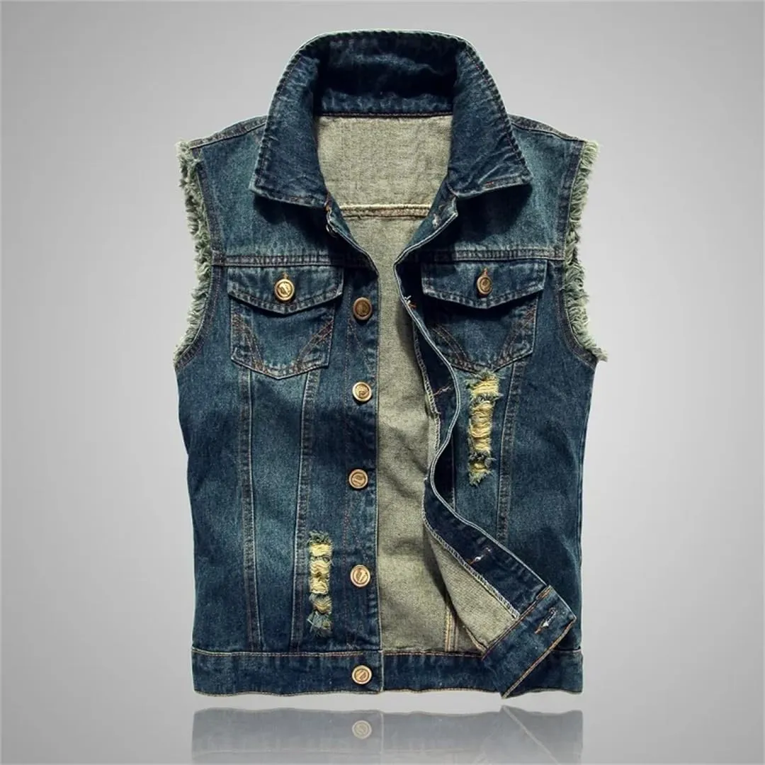 Men's Ripped Jean Jacket Hip Hop Biker Waistcoat Coats Cowboy Sleeveless Jacket Motorcycle Tanks Tops