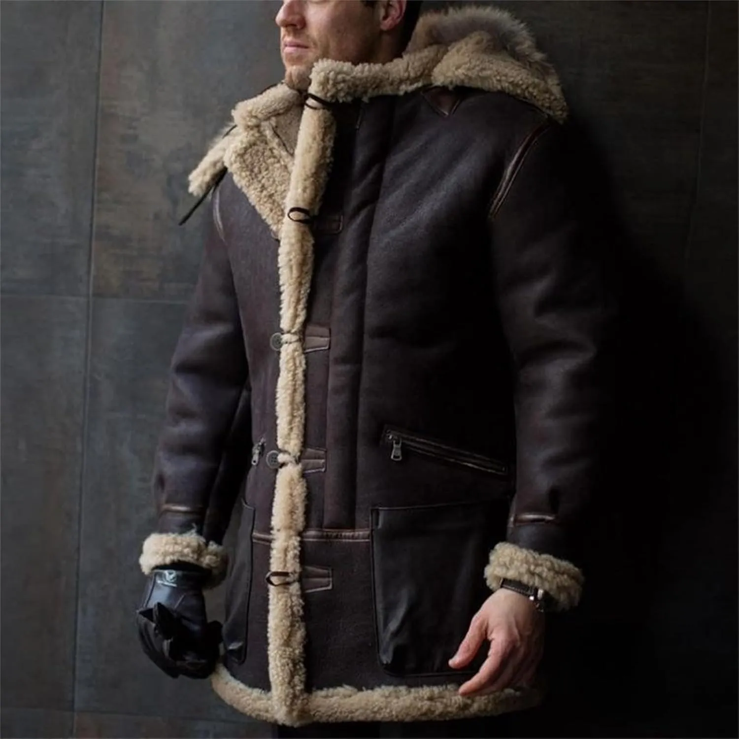 Men's Shearling Leather Coat Vintage Faux Suede Sherpa Lined Sheepskin Jacket Warm Winter Overcoat with Hood and Pocket