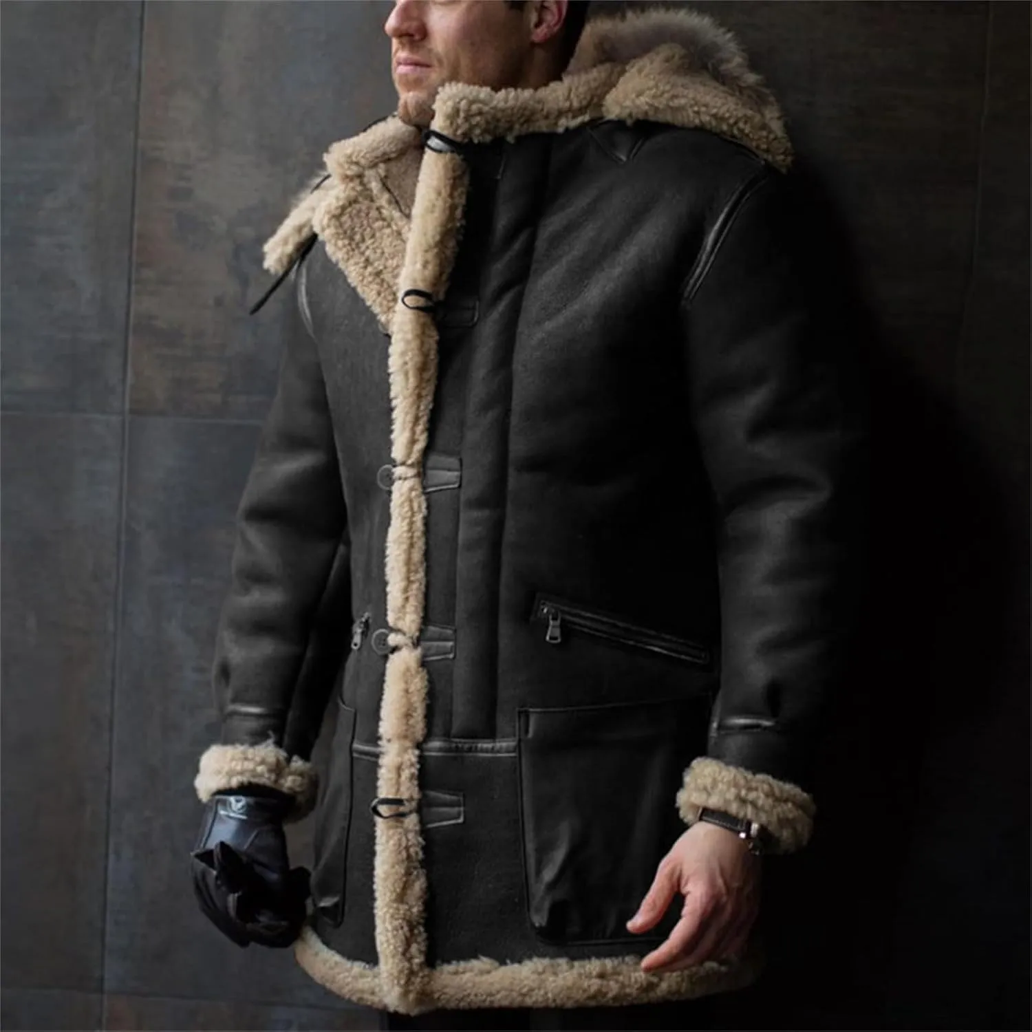 Men's Shearling Leather Coat Vintage Faux Suede Sherpa Lined Sheepskin Jacket Warm Winter Overcoat with Hood and Pocket
