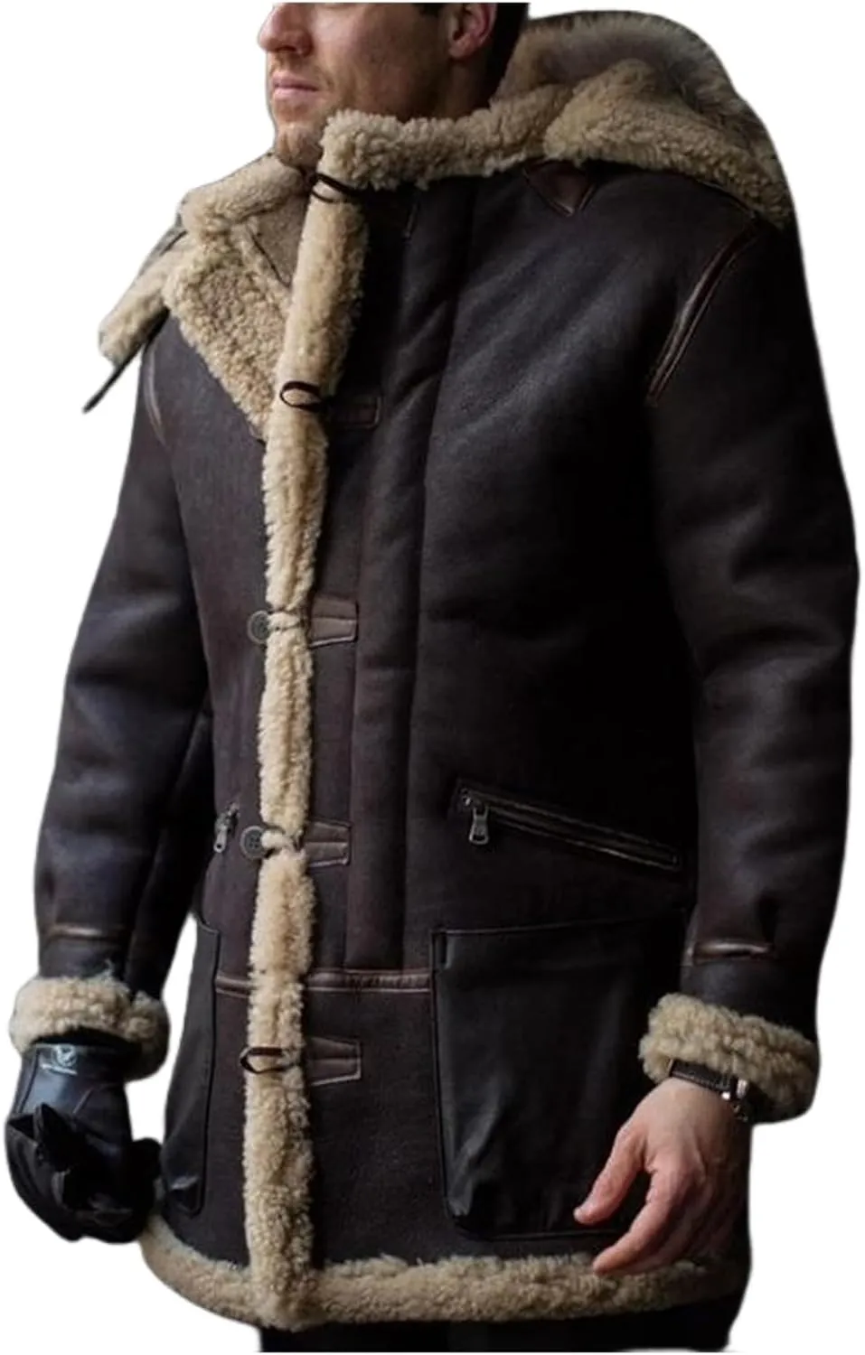Men's Shearling Leather Coat Vintage Faux Suede Sherpa Lined Sheepskin Jacket Warm Winter Overcoat with Hood and Pocket