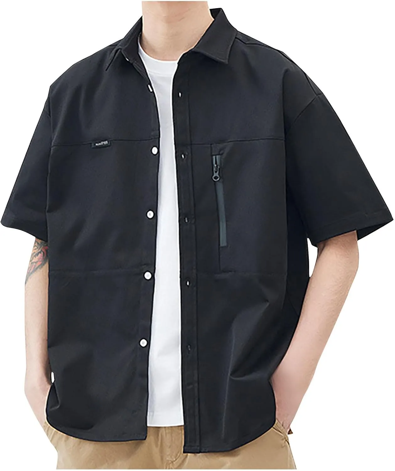 Men's Shirt Jacket with Zipper Pocket Summer Short Sleeve Button Down Shirts Cardigan Coat Blouse Tops