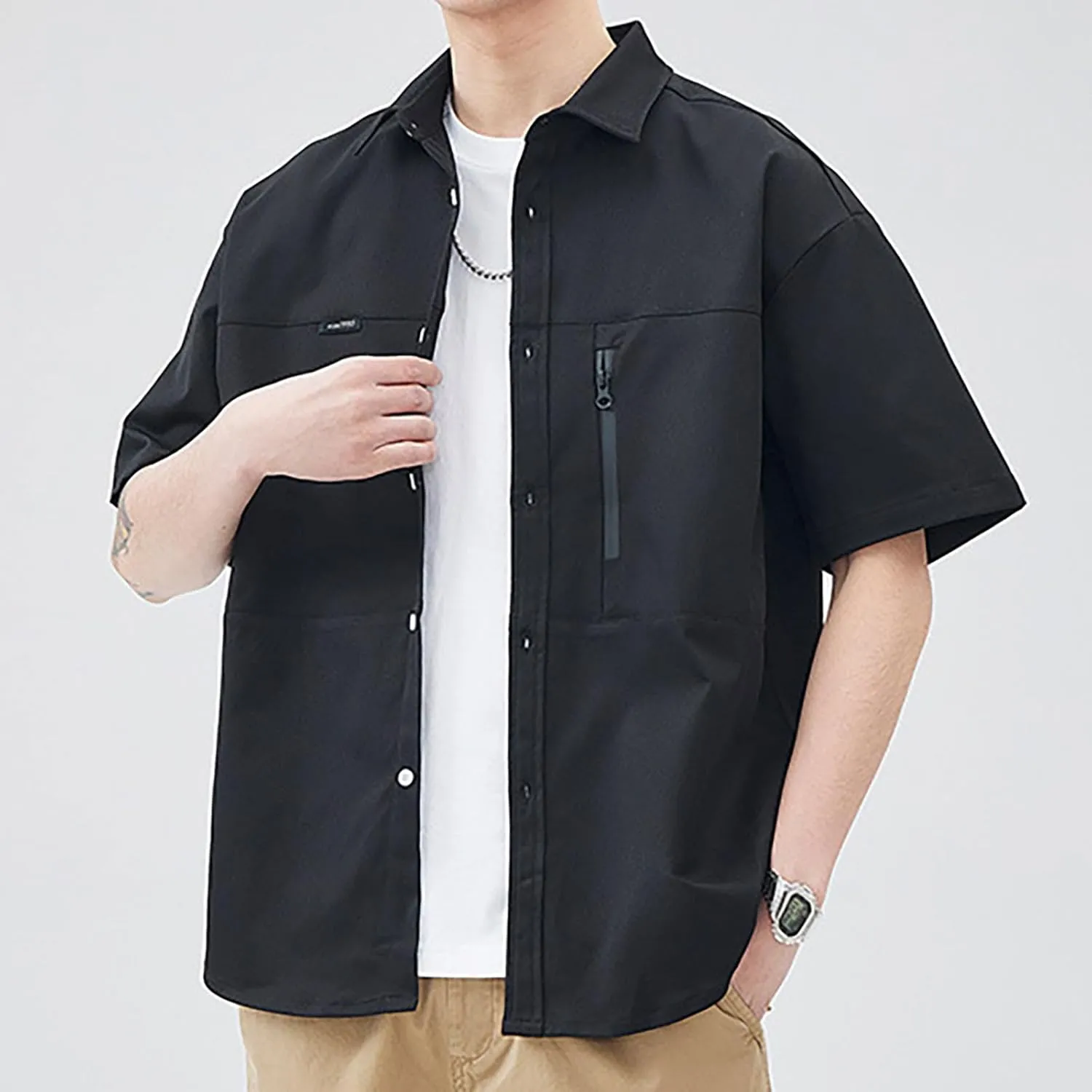 Men's Shirt Jacket with Zipper Pocket Summer Short Sleeve Button Down Shirts Cardigan Coat Blouse Tops
