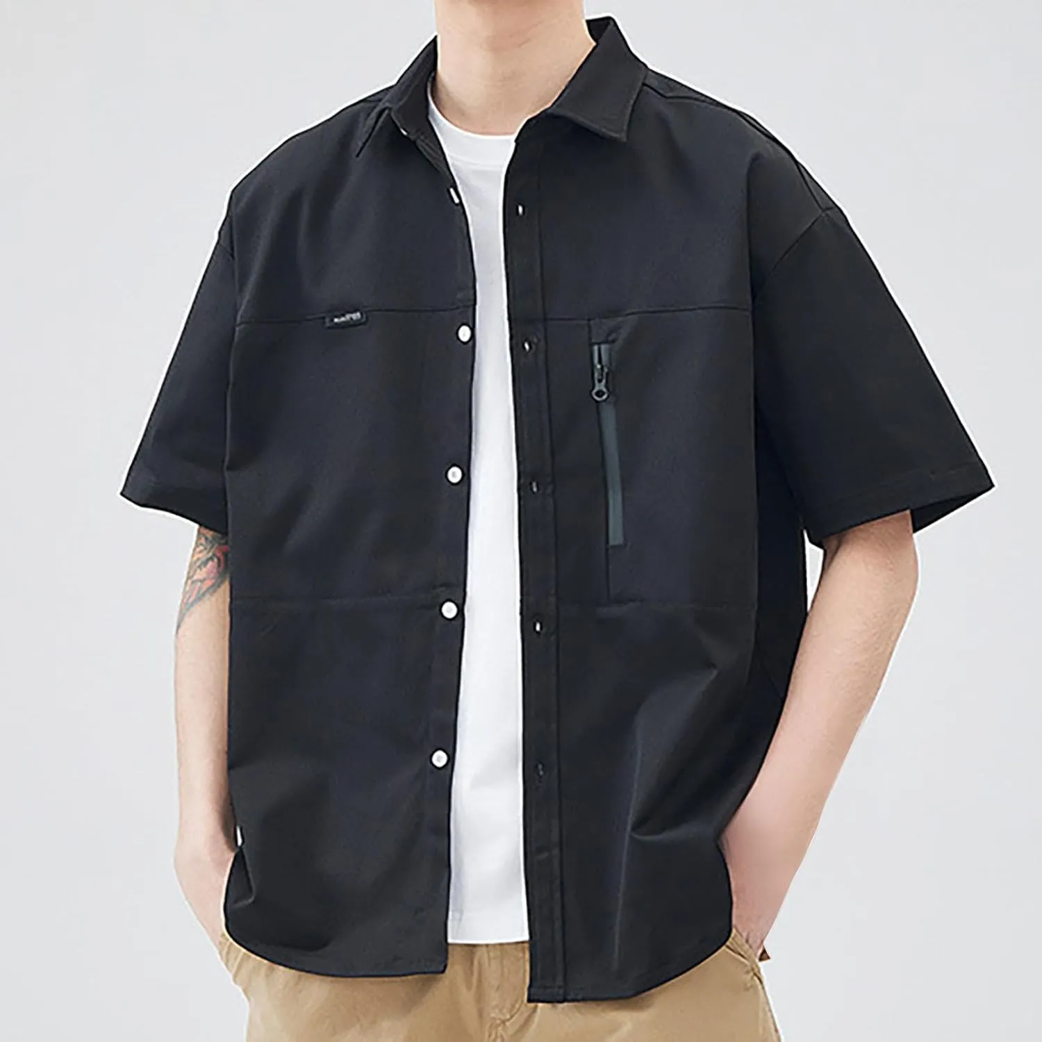 Men's Shirt Jacket with Zipper Pocket Summer Short Sleeve Button Down Shirts Cardigan Coat Blouse Tops