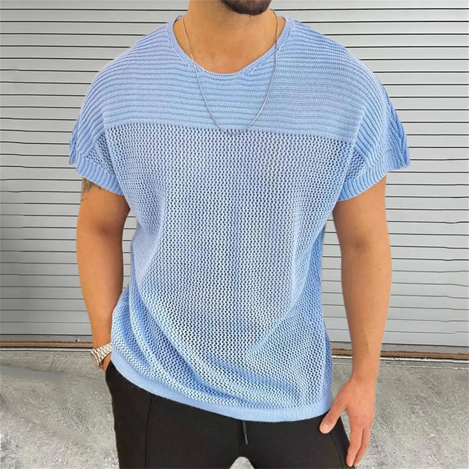 Men's Short Sleeve Pullover Shirts Crewneck Summer Casual Hollow Out Knit Tops Classic Lightweight Silm Fit Blouse