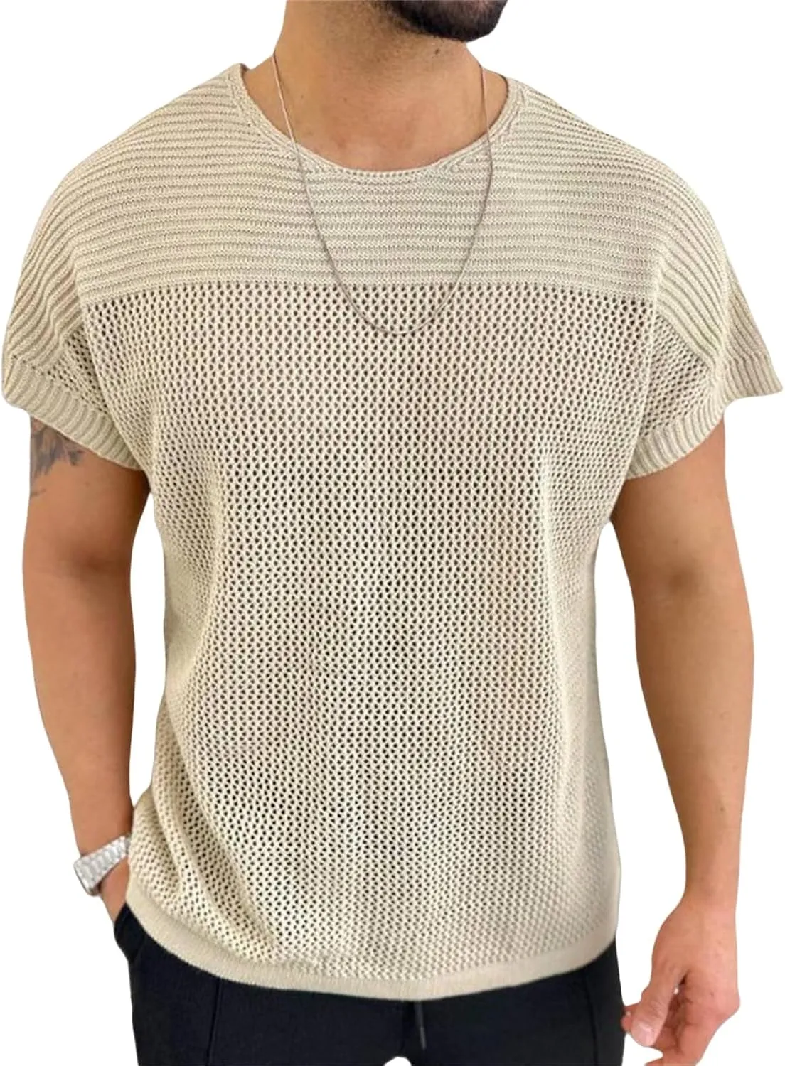 Men's Short Sleeve Pullover Shirts Crewneck Summer Casual Hollow Out Knit Tops Classic Lightweight Silm Fit Blouse