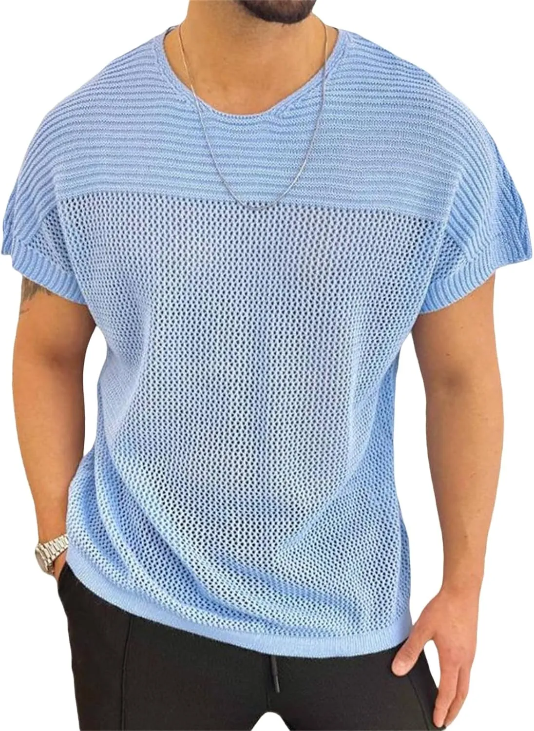 Men's Short Sleeve Pullover Shirts Crewneck Summer Casual Hollow Out Knit Tops Classic Lightweight Silm Fit Blouse