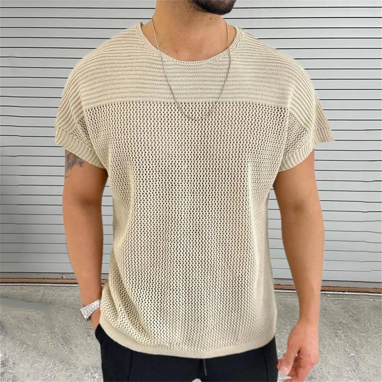 Men's Short Sleeve Pullover Shirts Crewneck Summer Casual Hollow Out Knit Tops Classic Lightweight Silm Fit Blouse